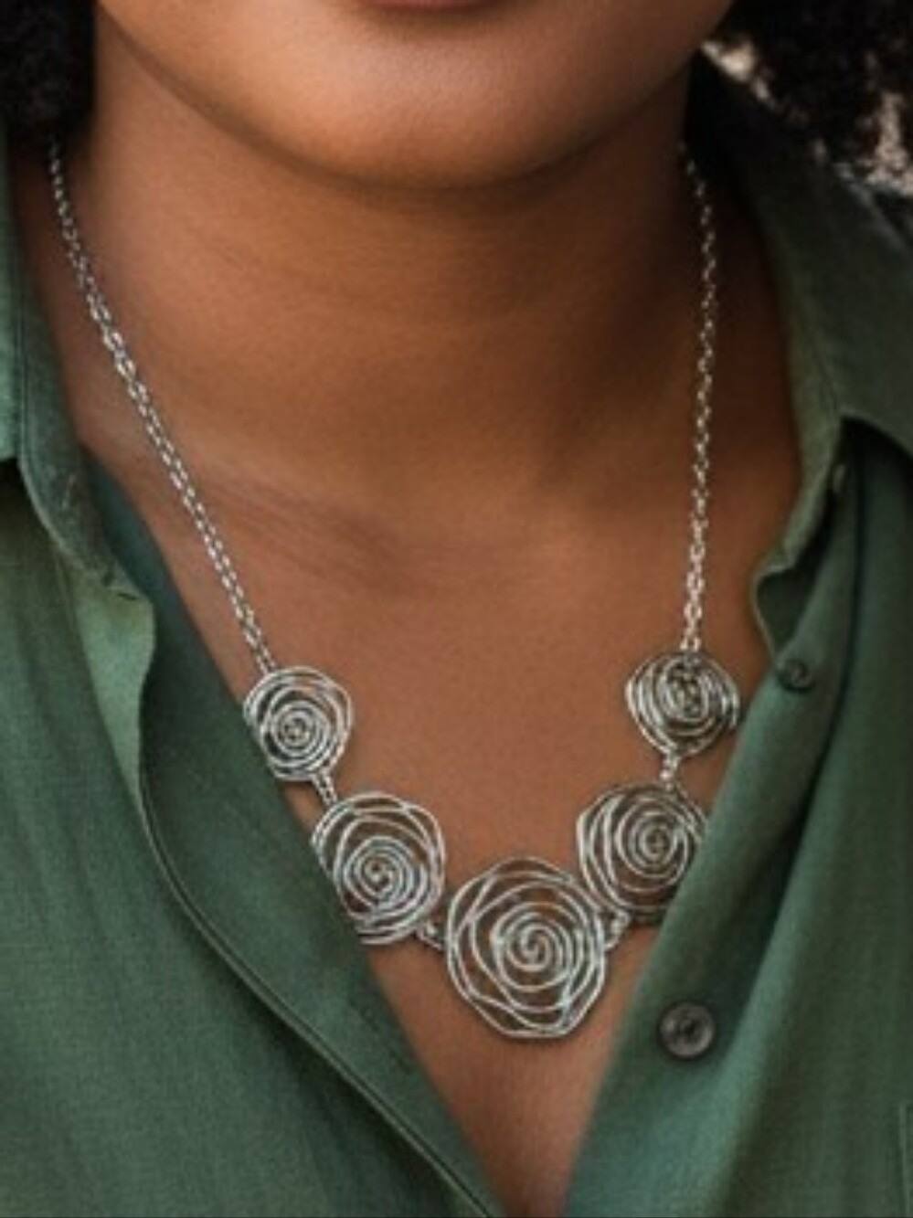 Silvertone Rose Necklace Statement